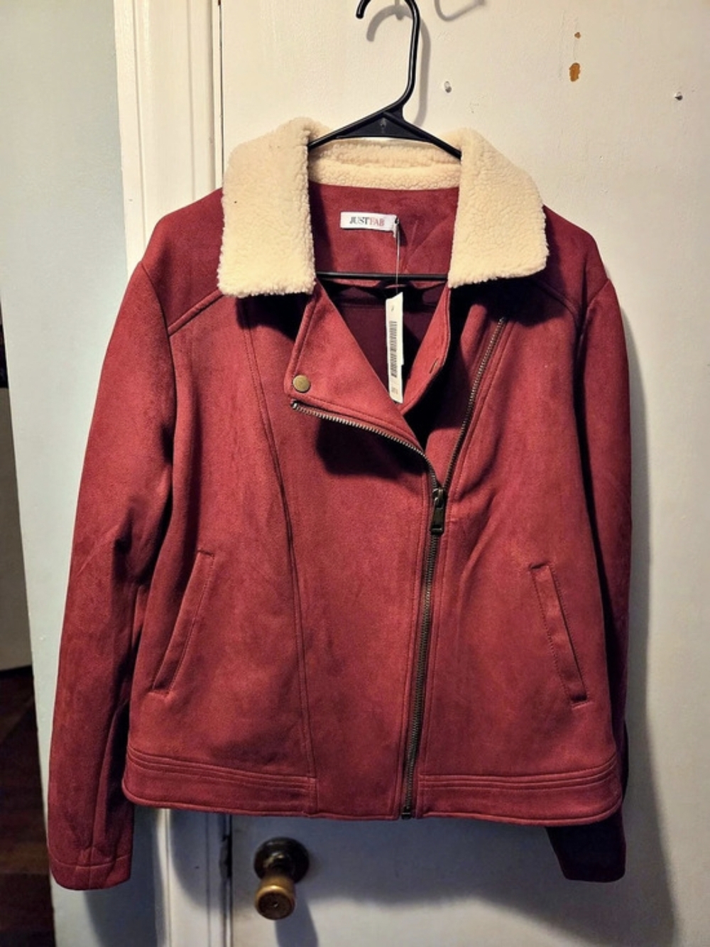 JUSTFAB Faux Shearling Collar Moto Jacket in Red NWT